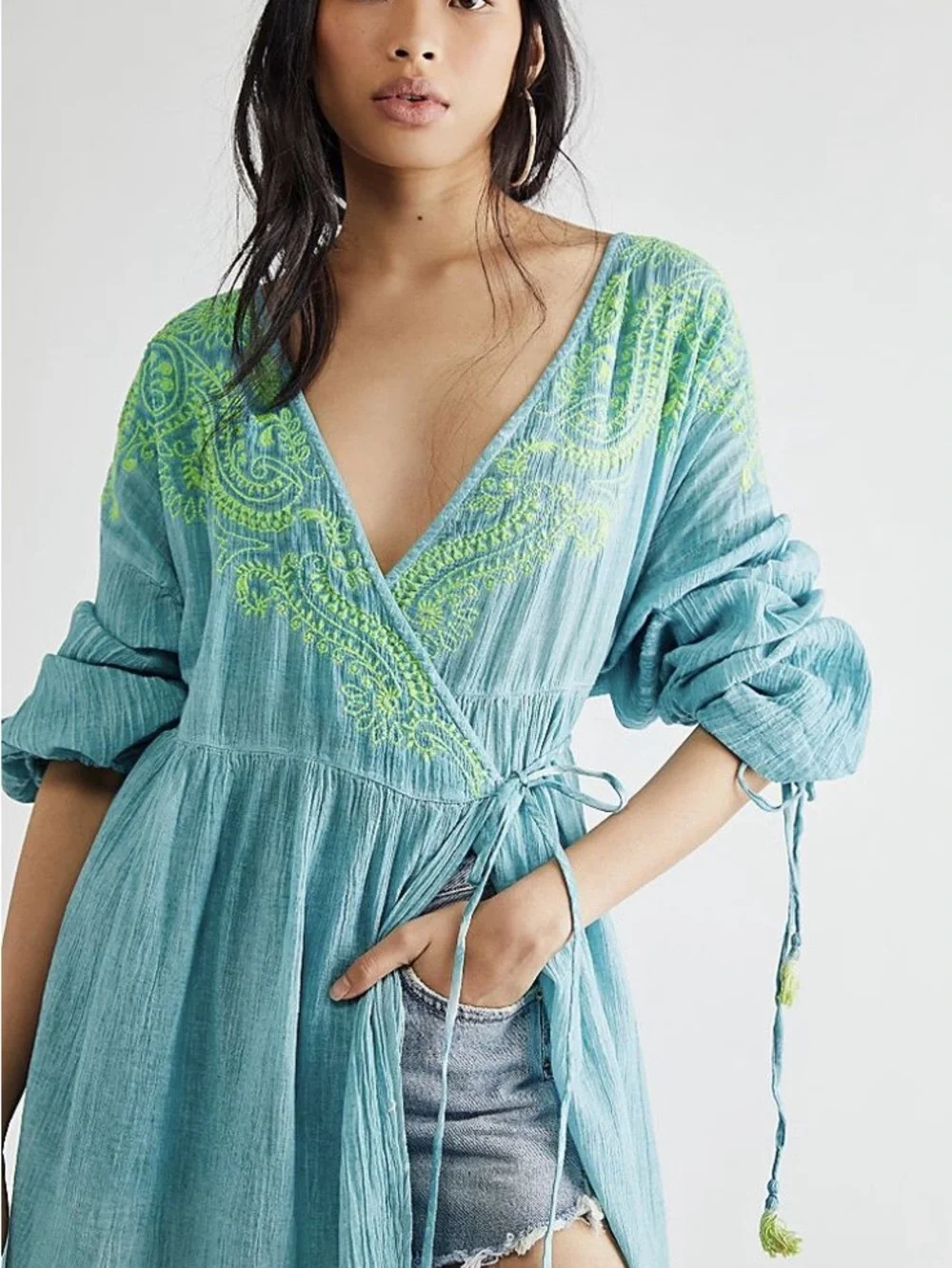Free People Well Hello There Wrap Dress Beach Cover up Embroidered NWOT